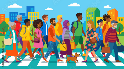 A diverse group of people of different ages and ethnicities walking across a zebra crossing in a vibrant city street with buildings in the background.