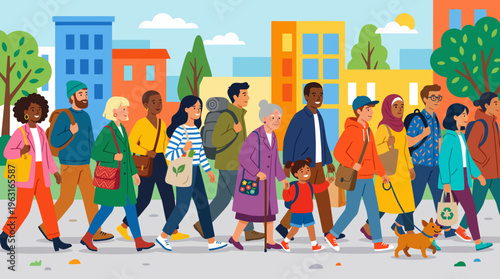 A diverse group of people of all ages and ethnicities walking together on a city street with buildings and trees in the background, depicting community and urban life.
