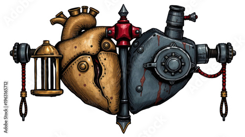 Steampunk Divided Heart Illustration with Metallic and Organic Sides and Ropes