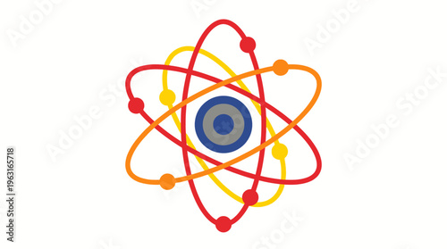 Vibrant graphic illustration of an atomic structure with a central nucleus and multiple colorful electron orbits.