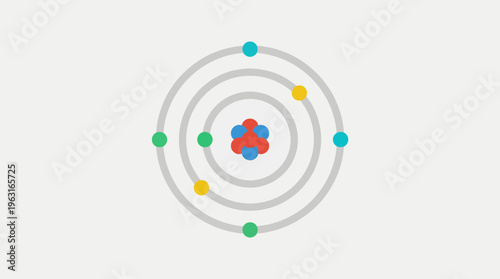 A stylized atomic model featuring a central nucleus with orbiting electrons in multiple shells on a light grey background.
