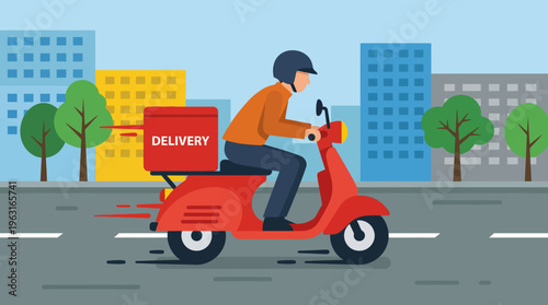 An illustration of a delivery person riding a red scooter with a package box through a city street, depicting fast and efficient urban delivery service.