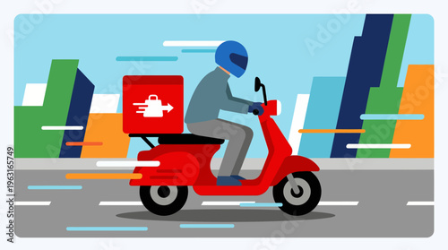 A person on a red delivery scooter with a package box speeding through a city street, illustrating fast delivery service.