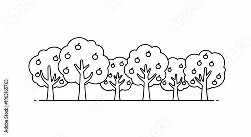 Line drawing of trees with leaves on a plain surface outdoor scene