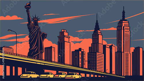 Iconic Metropolis Skyline Silhouette Featuring Landmark Statue and Elevated Transportation at Dusk new york skyline