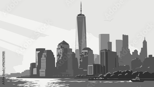 Monochrome panorama of a modern metropolitan skyline dominated by a very tall skyscraper viewed across a body of water new york skyline