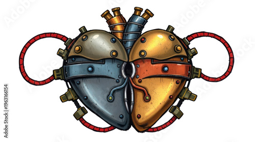 Foto Steampunk Mechanical Heart Illustration with Industrial Gears and Metallic Textu