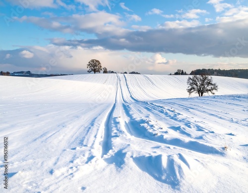 Wallpaper Mural Snowy landscape. A wide vista featuring a snow-covered field with tire tracks and lone trees. Cloudy sky Torontodigital.ca