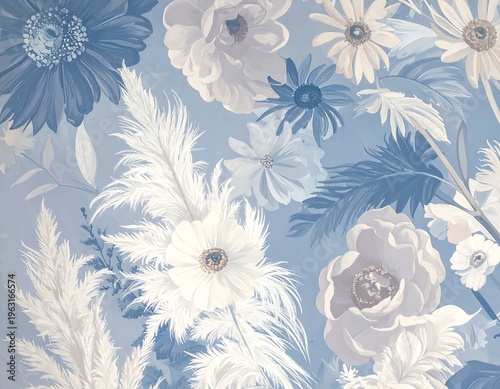 Wallpaper Mural Soft blue and white floral arrangement featuring various flower types and feathery accents, creating a calming aesthetic Torontodigital.ca
