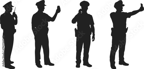 Set of police officer silhouettes in uniform using walkie-talkie and smartphone devices for communication while on duty and patrolling.
