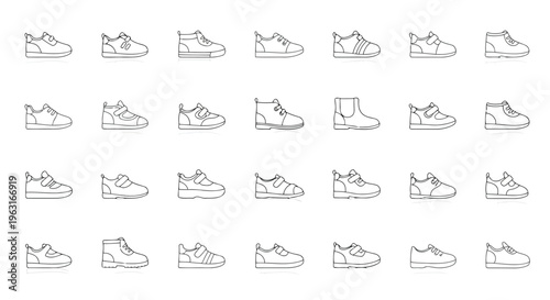 A diverse collection of minimalist line-drawn sneaker styles and designs
