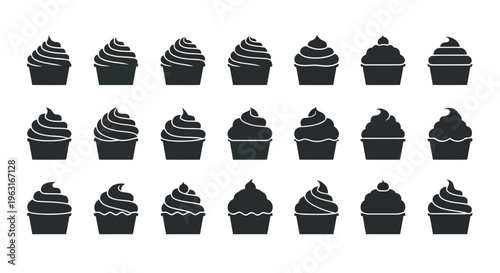 Assorted black and white cupcake designs arranged in a grid pattern