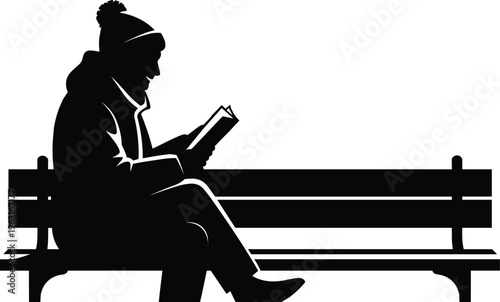 Silhouette person sitting on bench reading book, winter hat with pom pom, hooded jacket, outdoor leisure education vector illustration design