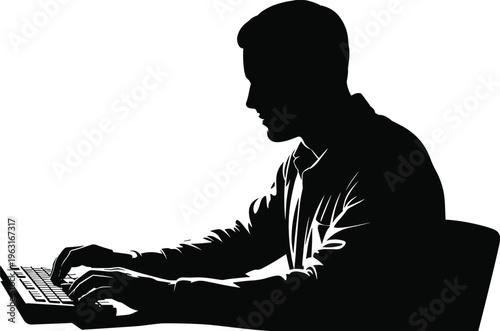 Silhouette person typing on keyboard computer, office work posture, digital communication, programming coding online activity vector illustration design