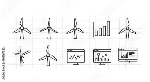 Wind turbines and energy charts icons.