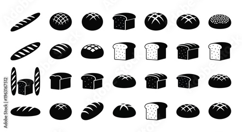Assorted black and white illustrations of various bread types and pastries