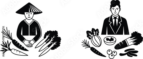Silhouette traditional farmer with conical hat and modern businessman with vegetables, agriculture food culture contrast vector illustration design