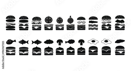 Assorted icons of food items featuring burgers and fish with various toppings and styles