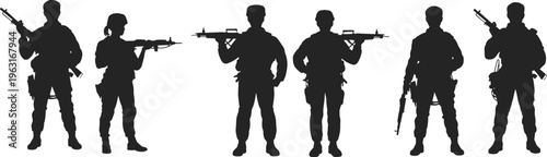 Vector illustration of armed soldier silhouettes in tactical gear holding rifles, standing in line with varied postures, perfect for defense design.