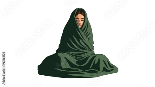 Woman Wrapped in Green Blanket, Feeling Cold, Sick, or Emotional Distress