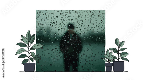 Man in Rain Behind Window with Potted Plants, Moody Atmosphere, Stock Illustration