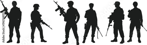 Vector illustration of armed soldier silhouettes in tactical gear holding rifles, standing in various poses, ideal for military, defense, and design.