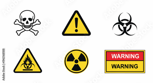 Collection of warning symbols for hazardous materials and radiation