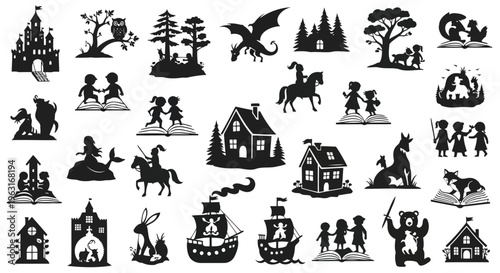 Vintage black and white silhouettes of animals, people, and buildings in a storybook style