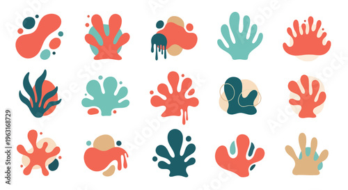 Vibrant hand and leaf shapes in orange teal and dark green hues for design elements