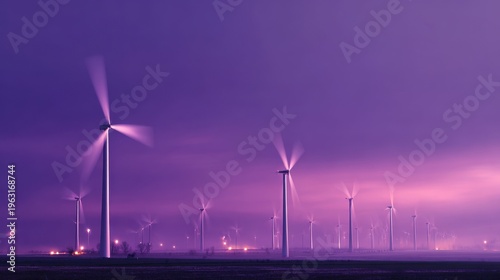 Towering turbines spin under a vibrant purple twilight sky wind energy