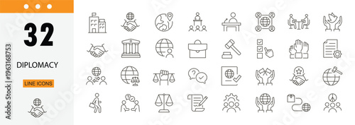 Diplomacy icons set representing international relations, negotiation, agreement, cooperation, peace talks and global communication. Editable Stroke.
