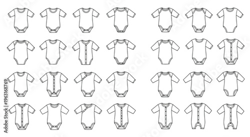 Collection of various baby and toddler clothing designs with different styles and features