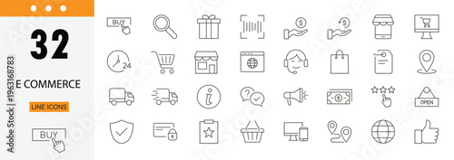 E-commerce icons set representing online shopping, digital payment, delivery, marketplace, cart and retail systems. Editable Stroke.