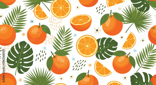 Vibrant tropical fruit pattern with oranges and leaves on cream