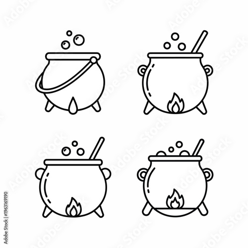 Four black line art cauldrons with bubbles and flames on a plain surface