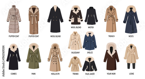 Variety of stylish coats and trench coats in different colors and designs on display for fashion reference