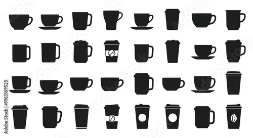 Creative assortment of black and white coffee mug designs and accessories