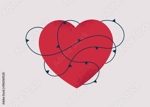 Red heart surrounded by thorns. Emotional stress, cardiovascular health. Pain, emotional barriers, or toxic attachments. mental health vector illustration