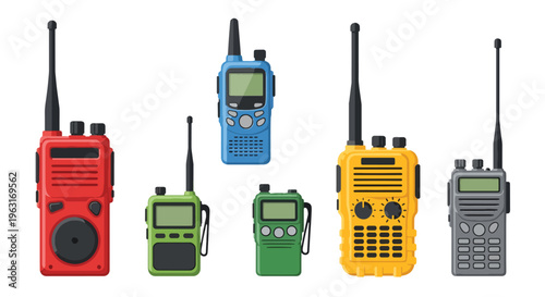Collection of colorful handheld two way radios in various sizes