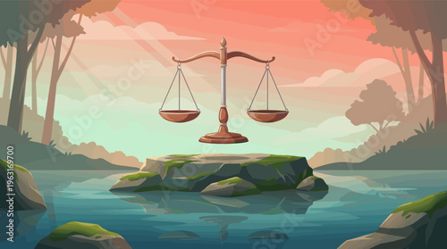 An illustration of justice scales on a rock in a serene forest lake. This concept represents law, environmental balance, ethics, and fairness. Calm and peaceful vector art.