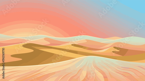 A serene vector illustration of a desert landscape with rolling sand dunes under a warm sunset sky. This minimalist and abstract art is perfect for backgrounds or travel themes.