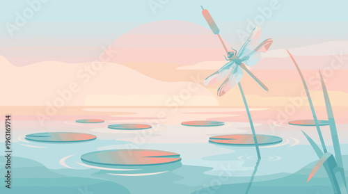 A serene vector illustration of a dragonfly resting on a reed over a calm pond. Peaceful sunset landscape with lily pads, ideal for wellness, meditation, or nature backgrounds.