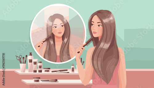 Illustration of a beautiful woman combing her long brown hair. A serene daily beauty routine concept for self-care, wellness, salon, and cosmetics content.