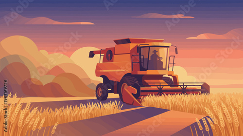 A modern combine harvester works in a golden wheat field at sunset. This vector illustration evokes concepts of agriculture, food production, and farming technology.