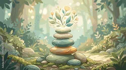 A serene illustration of balanced zen stones with a blooming plant in a tranquil forest. Symbolizes peace, growth, and mindfulness. Perfect for wellness and spiritual concepts.