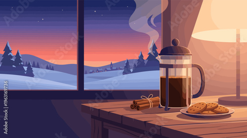 Cozy winter illustration. Steaming coffee, cookies, and french press on a table by a window overlooking a snowy landscape at sunset. Warm, peaceful, and hygge atmosphere.
