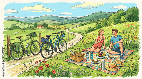 A happy young couple on a romantic picnic after a bike ride. Illustration of an active summer vacation with healthy food in a beautiful countryside landscape.
