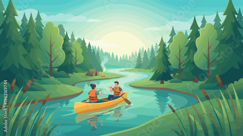 A couple in a canoe enjoys a peaceful river journey through a lush forest. A campsite with a tent is visible. Ideal for travel, adventure, and outdoor recreation themes.