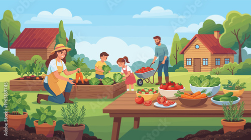 A happy family with children gardening together, harvesting fresh organic vegetables like carrots and tomatoes. A wholesome scene of healthy living and outdoor activity. Vector.