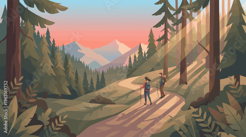 Vector illustration of a couple hiking in a sunlit mountain forest. Peaceful scene for travel, adventure, wellness concepts. Man and woman on a journey.